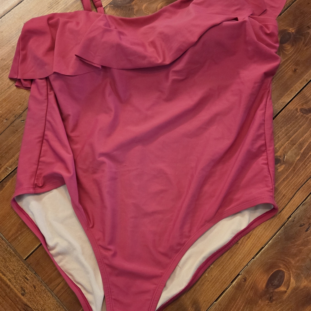 Kona Sol Raspberry One-Shoulder Ruffle Swim One Piece